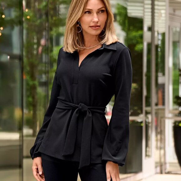 Chic Black Long Sleeve Blouse with Tie - Picture 1 of 4
